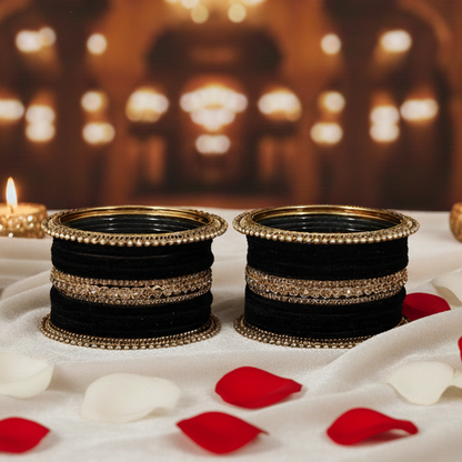 Black  Velvet Bridal Chuda Set – Metal Base with Zircon Diamond-Studded Bangles