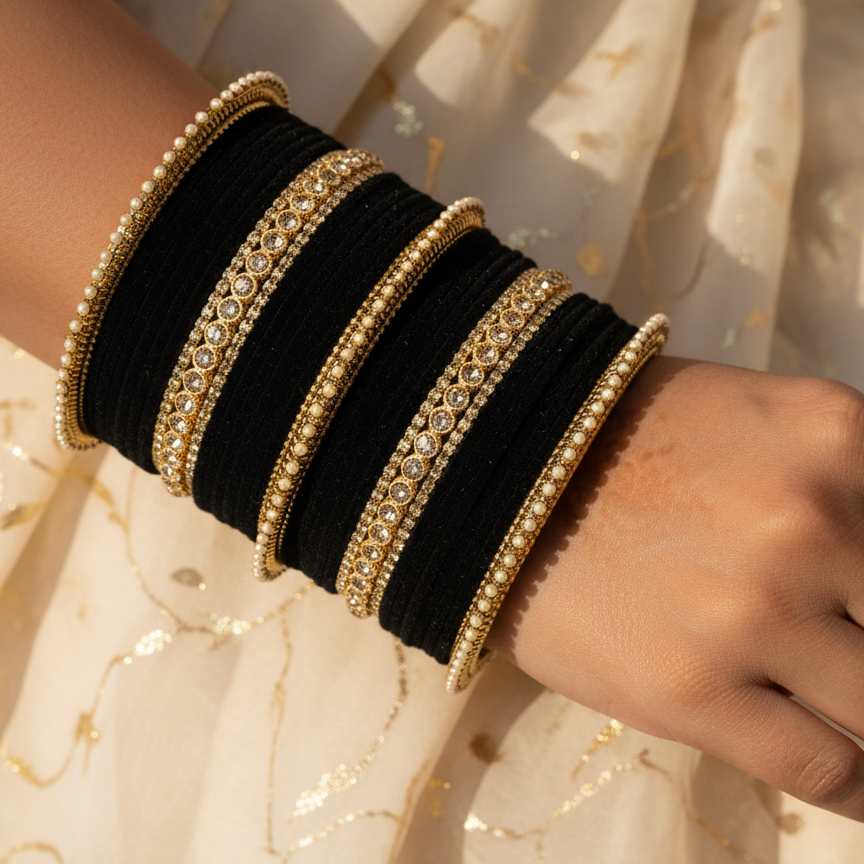 Black  Velvet Bridal Chuda Set – Metal Base with Zircon Diamond-Studded Bangles