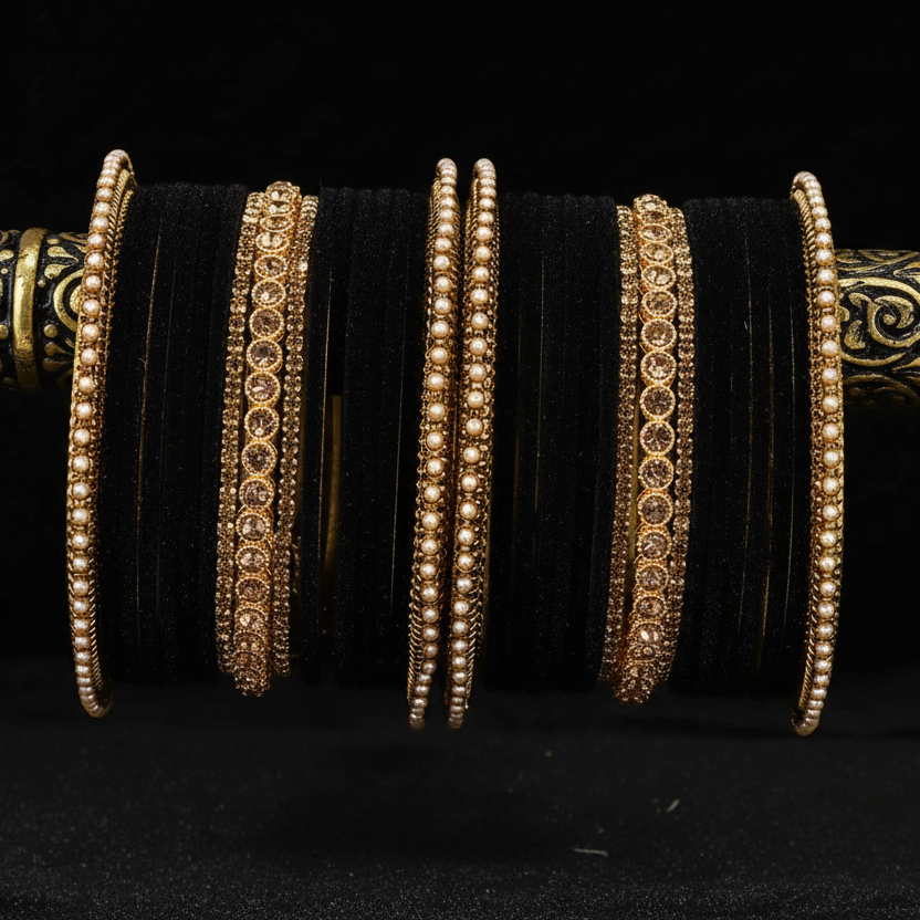 Black  Velvet Bridal Chuda Set – Metal Base with Zircon Diamond-Studded Bangles