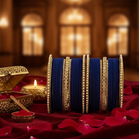 DarkBlue Velvet Bridal Chuda Set – Metal Base with Zircon Diamond-Studded Bangles