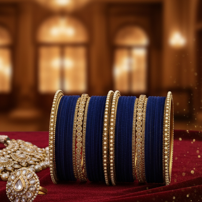 DarkBlue Velvet Bridal Chuda Set – Metal Base with Zircon Diamond-Studded Bangles