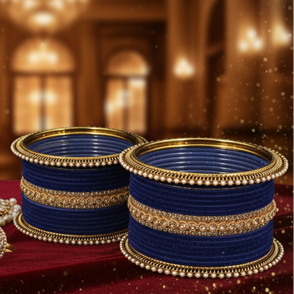 DarkBlue Velvet Bridal Chuda Set – Metal Base with Zircon Diamond-Studded Bangles