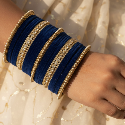 DarkBlue Velvet Bridal Chuda Set – Metal Base with Zircon Diamond-Studded Bangles