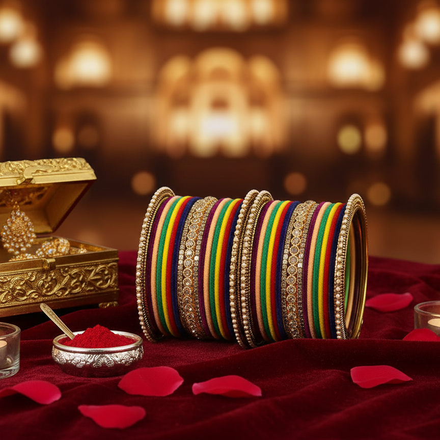 Multi Velvet Bridal Chuda Set – Metal Base with Zircon Diamond-Studded Bangles