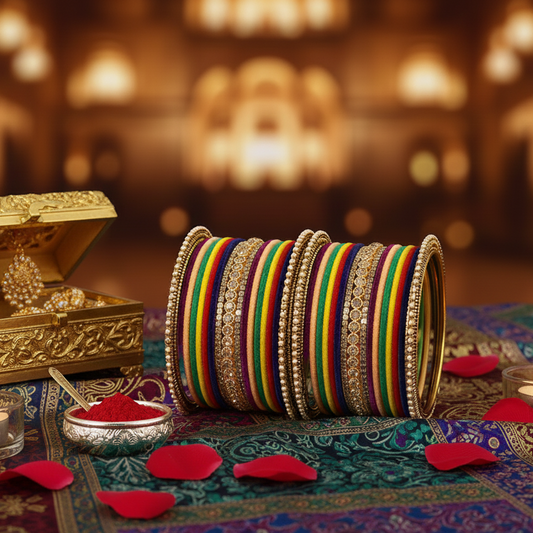 Multi Velvet Bridal Chuda Set – Metal Base with Zircon Diamond-Studded Bangles