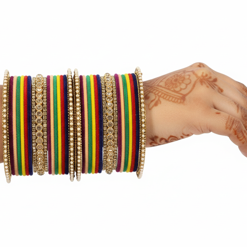 Multi Velvet Bridal Chuda Set – Metal Base with Zircon Diamond-Studded Bangles