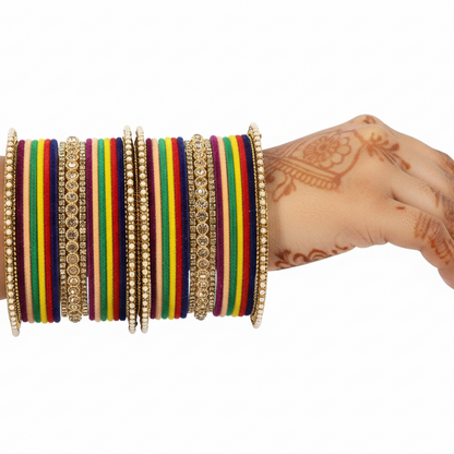 Multi Velvet Bridal Chuda Set – Metal Base with Zircon Diamond-Studded Bangles