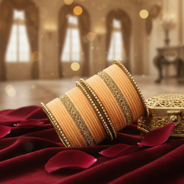 Peach Velvet Bridal Chuda Set – Metal Base with Zircon Diamond-Studded Bangles