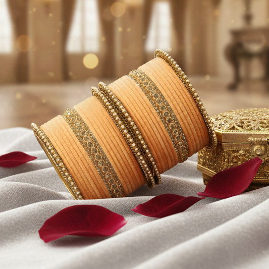 Peach Velvet Bridal Chuda Set – Metal Base with Zircon Diamond-Studded Bangles