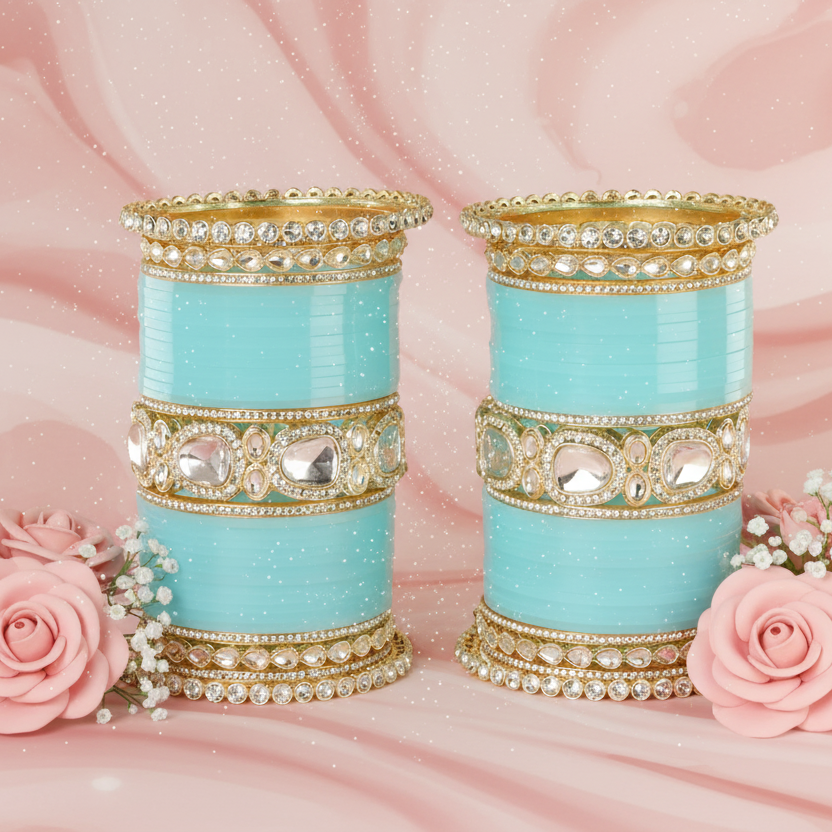 Bridal SkyBlue Metal Gold Chuda Set | Traditional Wedding Bangles for Women | Set of 70