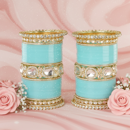 Bridal SkyBlue Metal Gold Chuda Set | Traditional Wedding Bangles for Women | Set of 70