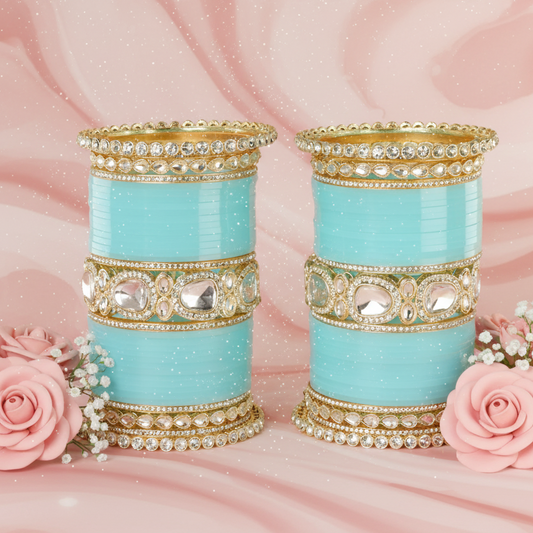 Bridal SkyBlue Metal Gold Chuda Set | Traditional Wedding Bangles for Women | Set of 70