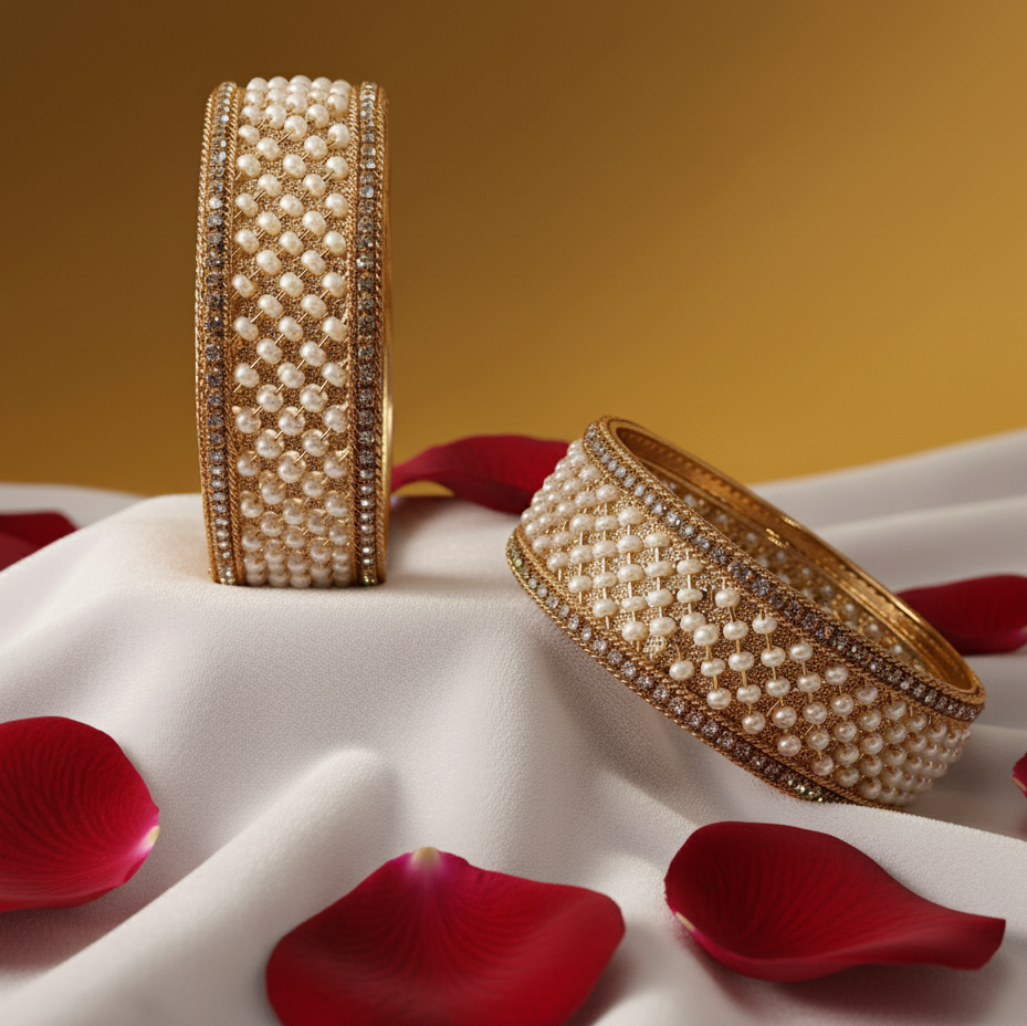 Regal Pearl & RoseGold Bridal Bangles – Timeless Elegance