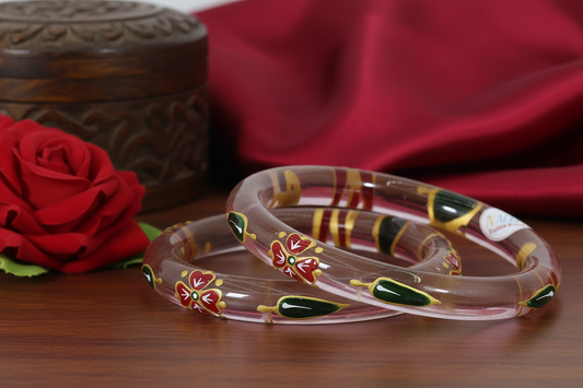 Traditional Pink Glass Bangles – Floral Motif, Pack of 2