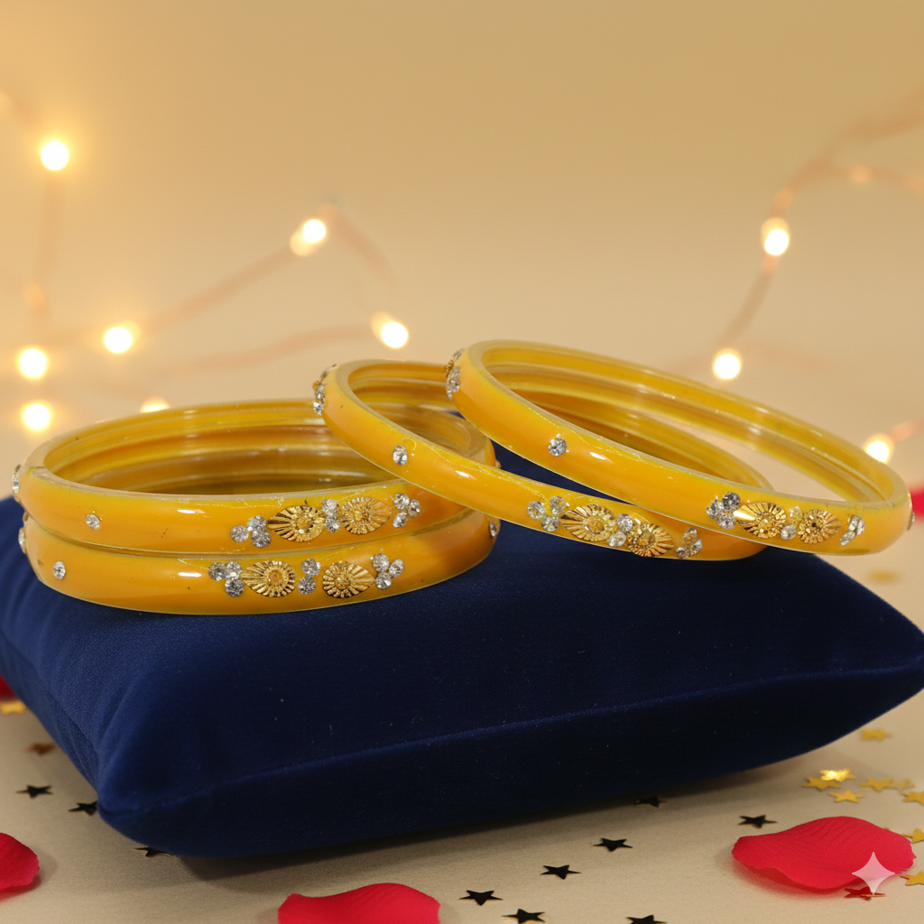 Traditional Yellow Glass Kada Bangle Set (Pack of 4)