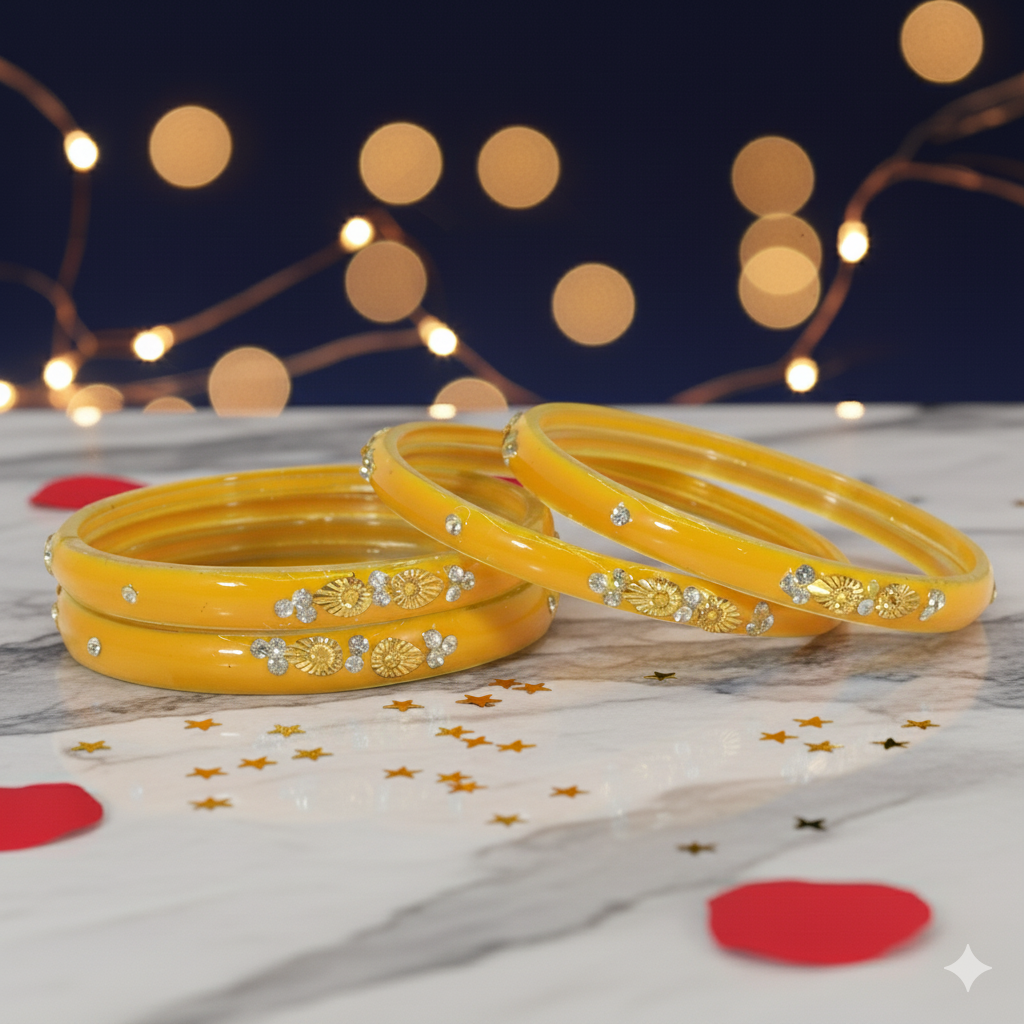 Traditional Yellow Glass Kada Bangle Set (Pack of 4)