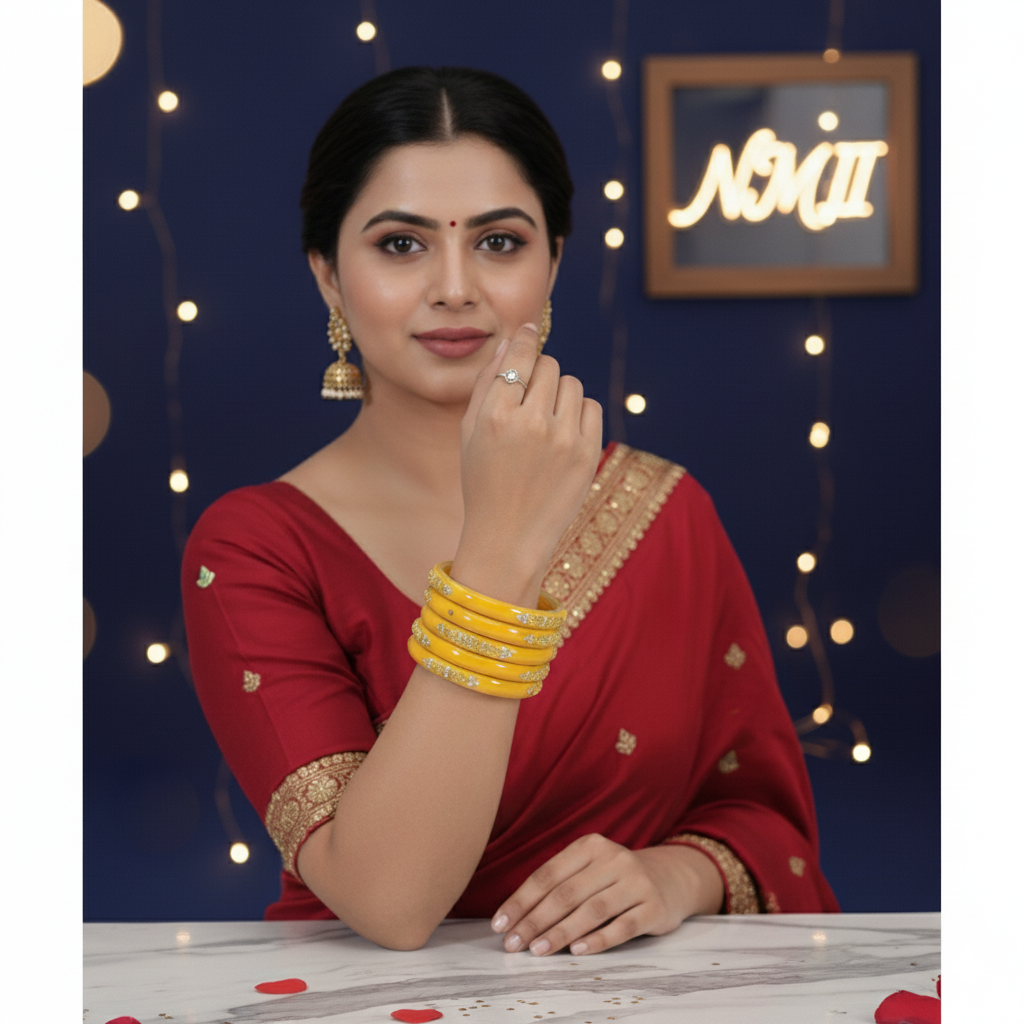 Traditional Yellow Glass Kada Bangle Set (Pack of 4)