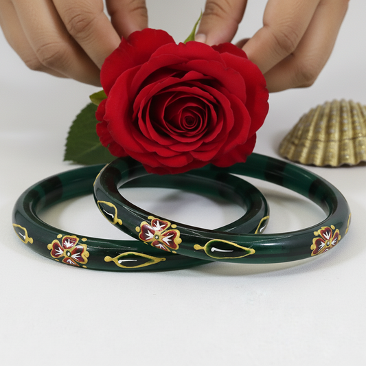 Radium Finish Floral Print Dark Green Glass Bangles - Set of 2