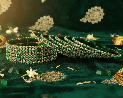 Traditional Glass Bangles Set with Green Moti Work - Pack of 12