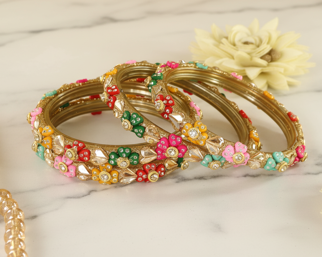 Traditional Rajasthani Style Glass Bangles with Multicolor Floral Stones – Set of 4