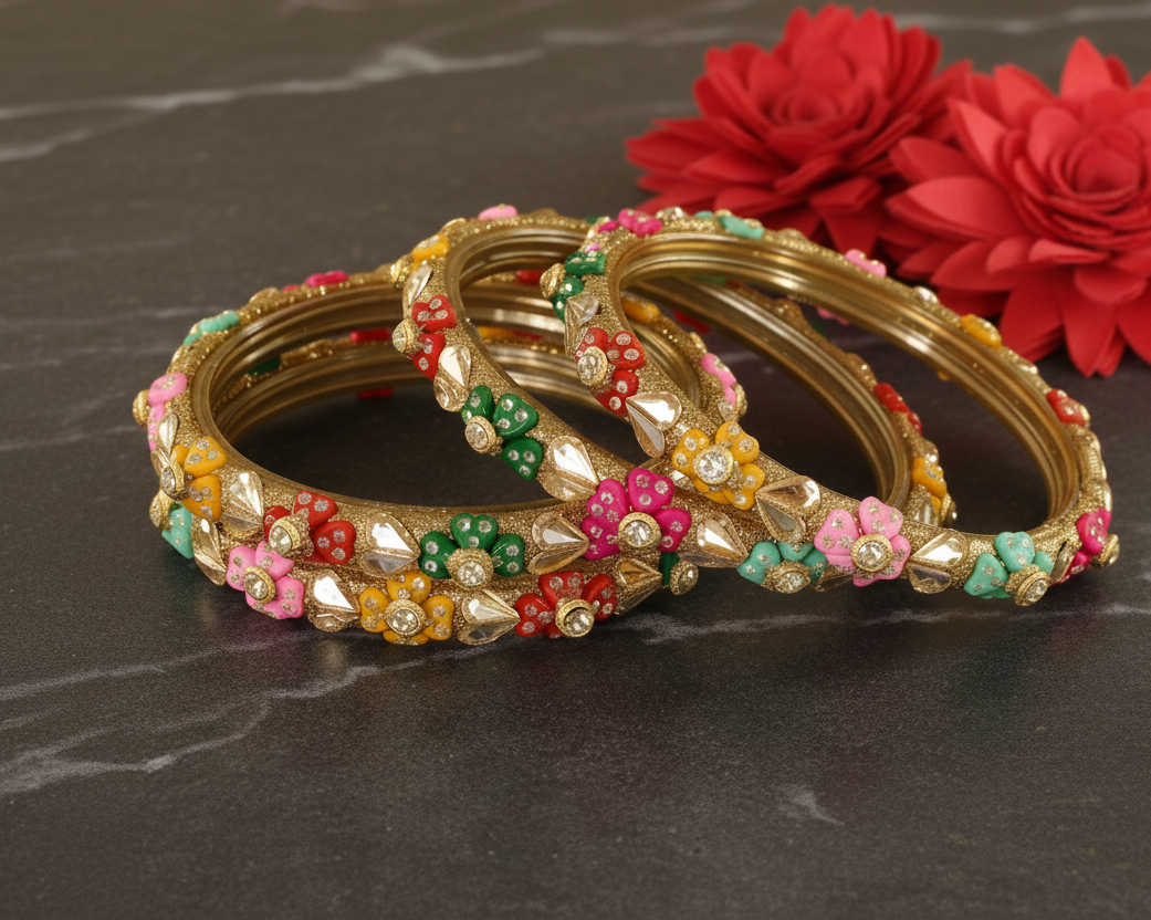 Traditional Rajasthani Style Glass Bangles with Multicolor Floral Stones – Set of 4