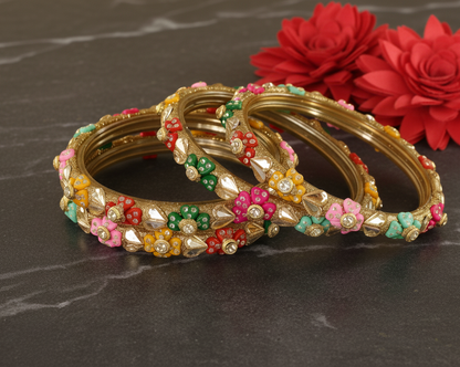 Traditional Rajasthani Style Glass Bangles with Multicolor Floral Stones – Set of 4