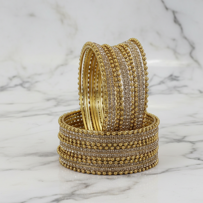 Stylish Golden Metal Bangles with Diamond-Cut Zircon –Pack of 24