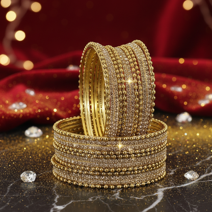 Stylish Golden Metal Bangles with Diamond-Cut Zircon –Pack of 24