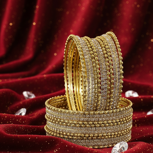 Stylish Golden Metal Bangles with Diamond-Cut Zircon –Pack of 24