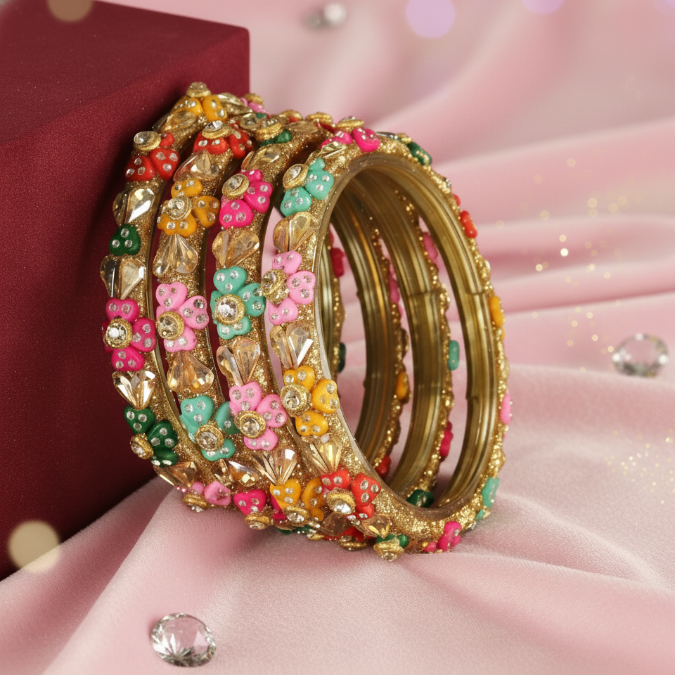 Traditional Rajasthani Style Glass Bangles with Multicolor Floral Stones – Set of 4