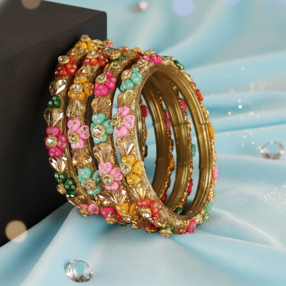 Traditional Rajasthani Style Glass Bangles with Multicolor Floral Stones – Set of 4