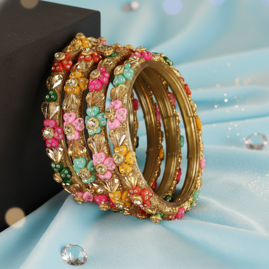 Traditional Rajasthani Style Glass Bangles with Multicolor Floral Stones – Set of 4