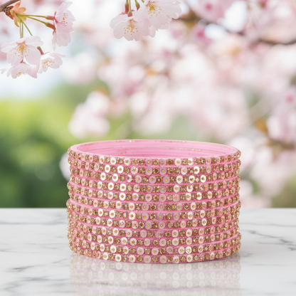 Pastel Pink Festive Glass Bangles with Stone Work, Pack of 12