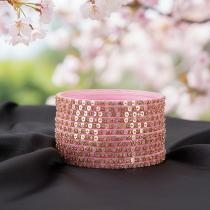 Pastel Pink Festive Glass Bangles with Stone Work, Pack of 12