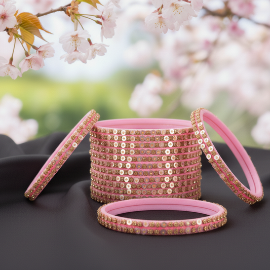 Pastel Pink Festive Glass Bangles with Stone Work, Pack of 12
