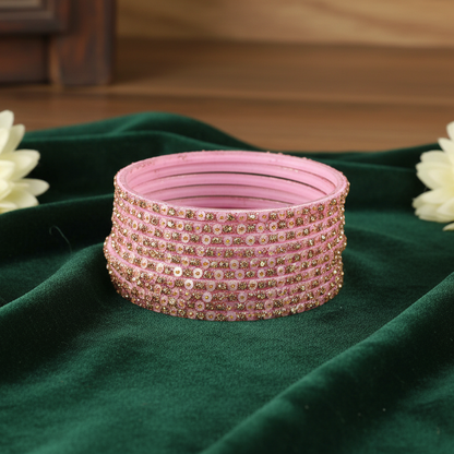 Pastel Pink Festive Glass Bangles with Stone Work, Pack of 12