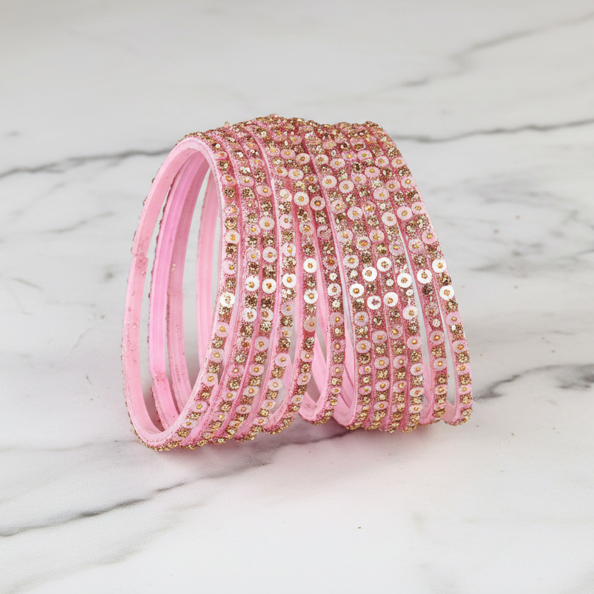 Pastel Pink Festive Glass Bangles with Stone Work, Pack of 12