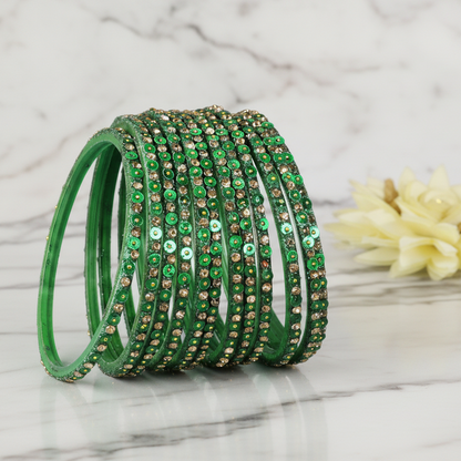 Green Glass Bangles Set with Gold Glitter & Sequins, Pack of 12