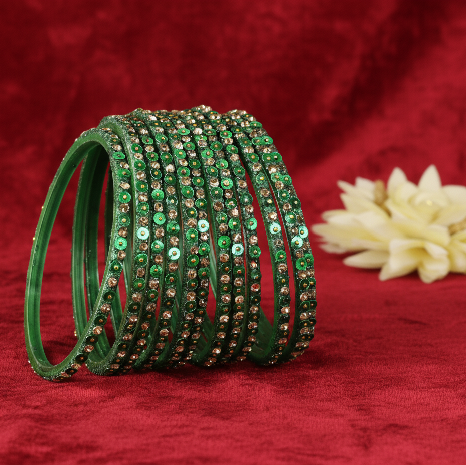 Green Glass Bangles Set with Gold Glitter & Sequins, Pack of 12