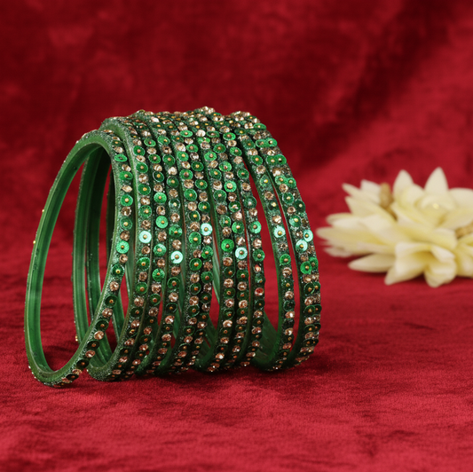 Green Glass Bangles Set with Gold Glitter & Sequins, Pack of 12