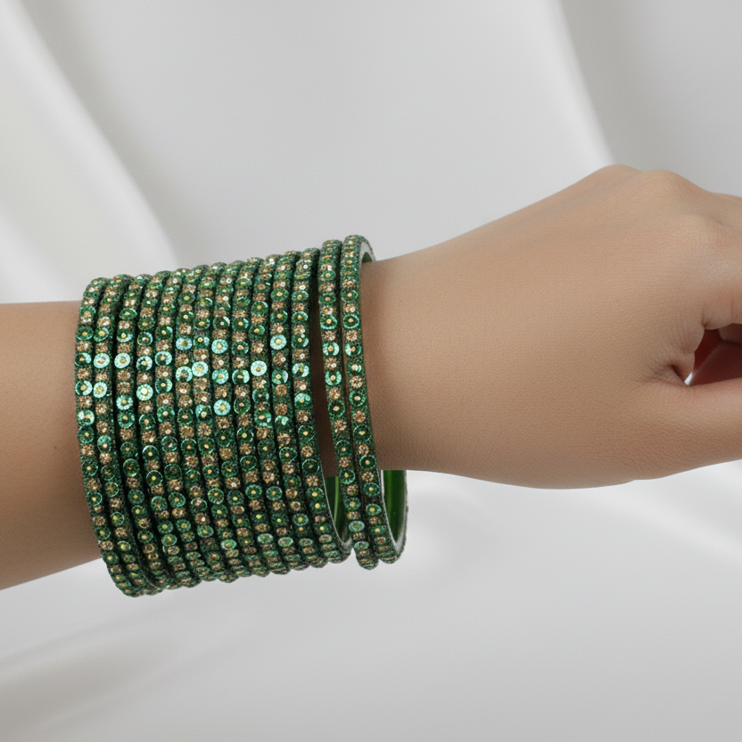 Green Glass Bangles Set with Gold Glitter & Sequins, Pack of 12