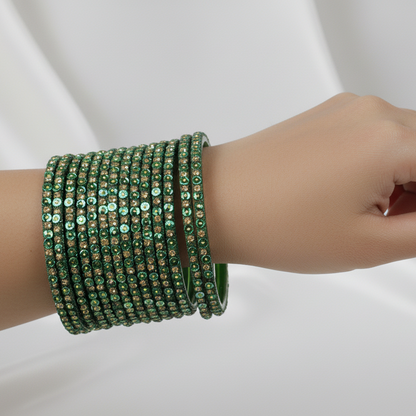 Green Glass Bangles Set with Gold Glitter & Sequins, Pack of 12