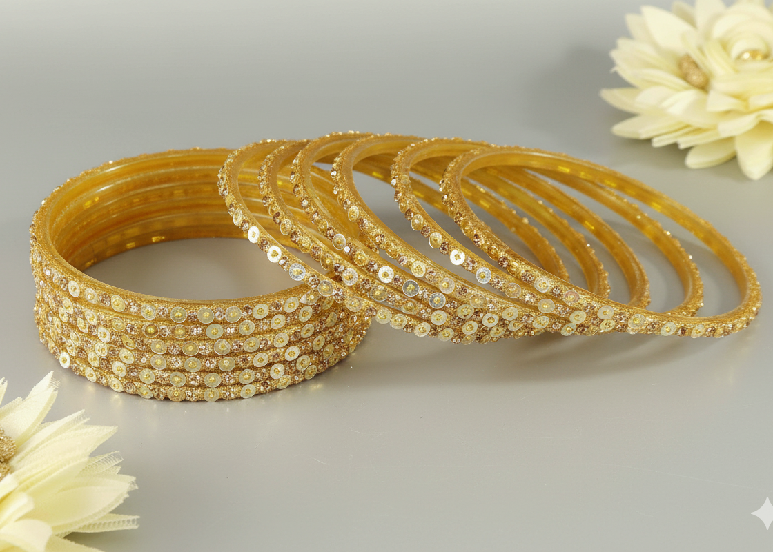 Bridal Bling: Golden Glass Bangles with Star Dust Finish, 12 Pcs