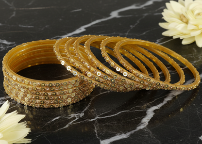 Bridal Bling: Golden Glass Bangles with Star Dust Finish, 12 Pcs