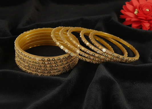Bridal Bling: Golden Glass Bangles with Star Dust Finish, 12 Pcs