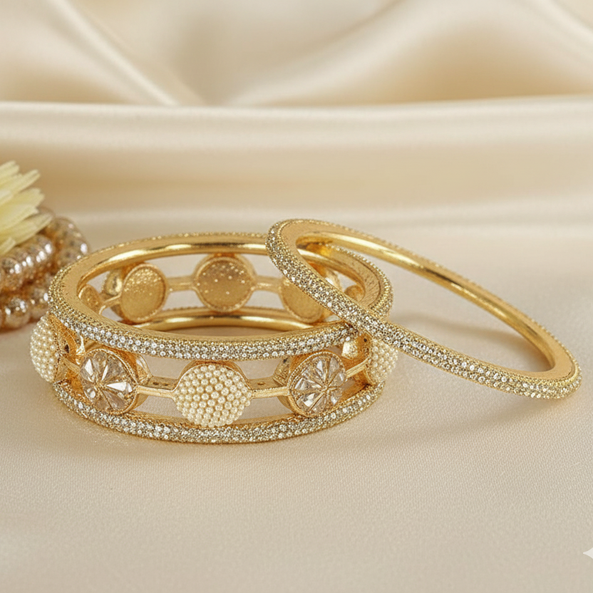 Regal Gold & Pearl: Lakh Luxe Flower Kada Set (2-Pack)