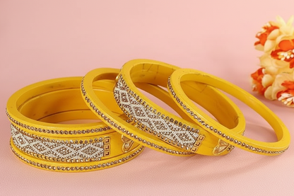 Haldi Gold Splendor: Lakh Luxe Yellow Bangle Set (6-PC) with Kundan & Pearl