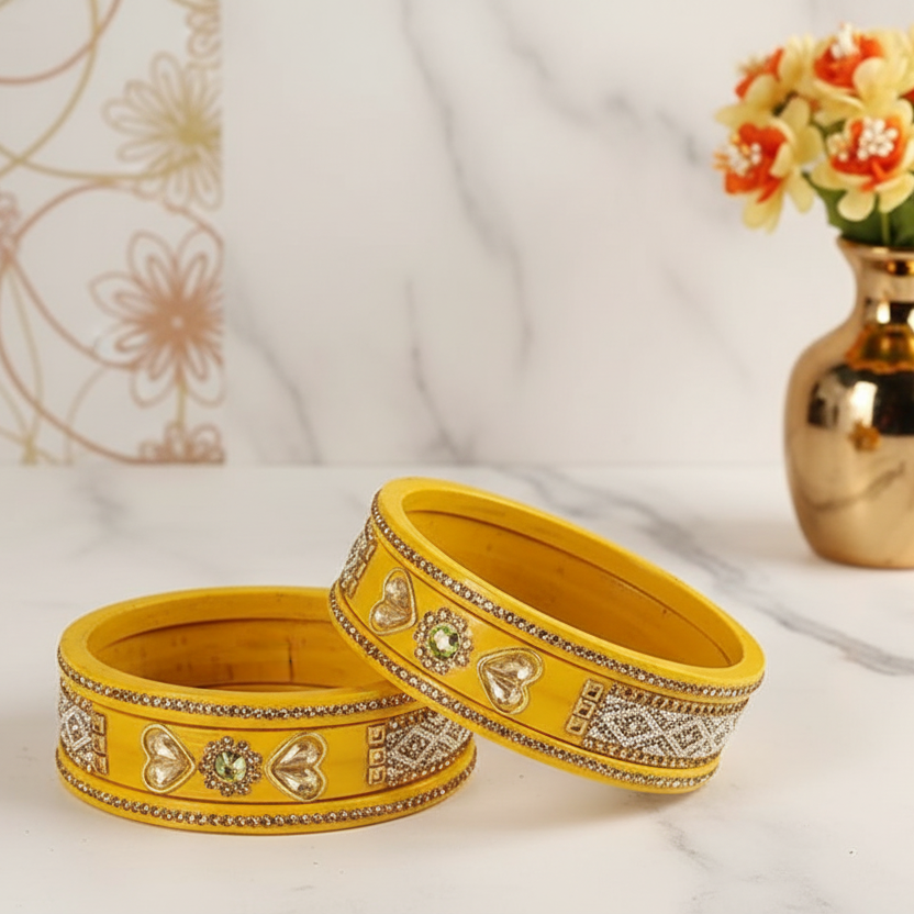 Haldi Gold Splendor: Lakh Luxe Yellow Bangle Set (6-PC) with Kundan & Pearl