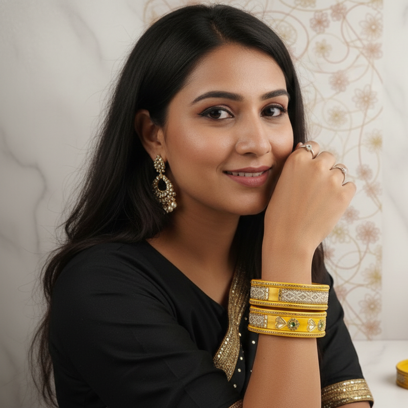 Haldi Gold Splendor: Lakh Luxe Yellow Bangle Set (6-PC) with Kundan & Pearl