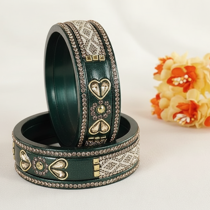 Traditional Dark Green Golden Zircon & White Moti Bangle Set (Set of 6)